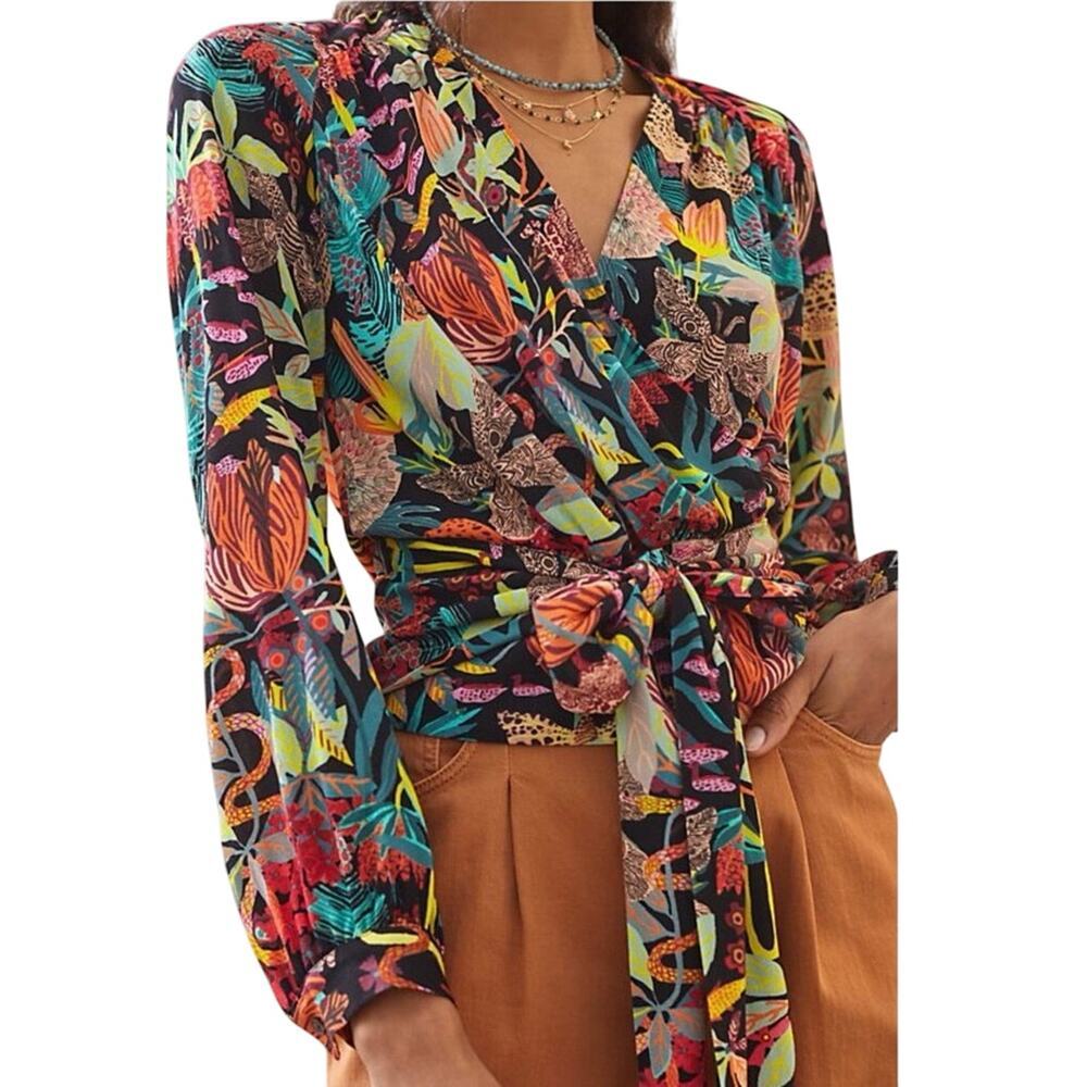 Michelle Morin Anthropologie Colorful Floral Surplice Tie Waist Blouse Size S